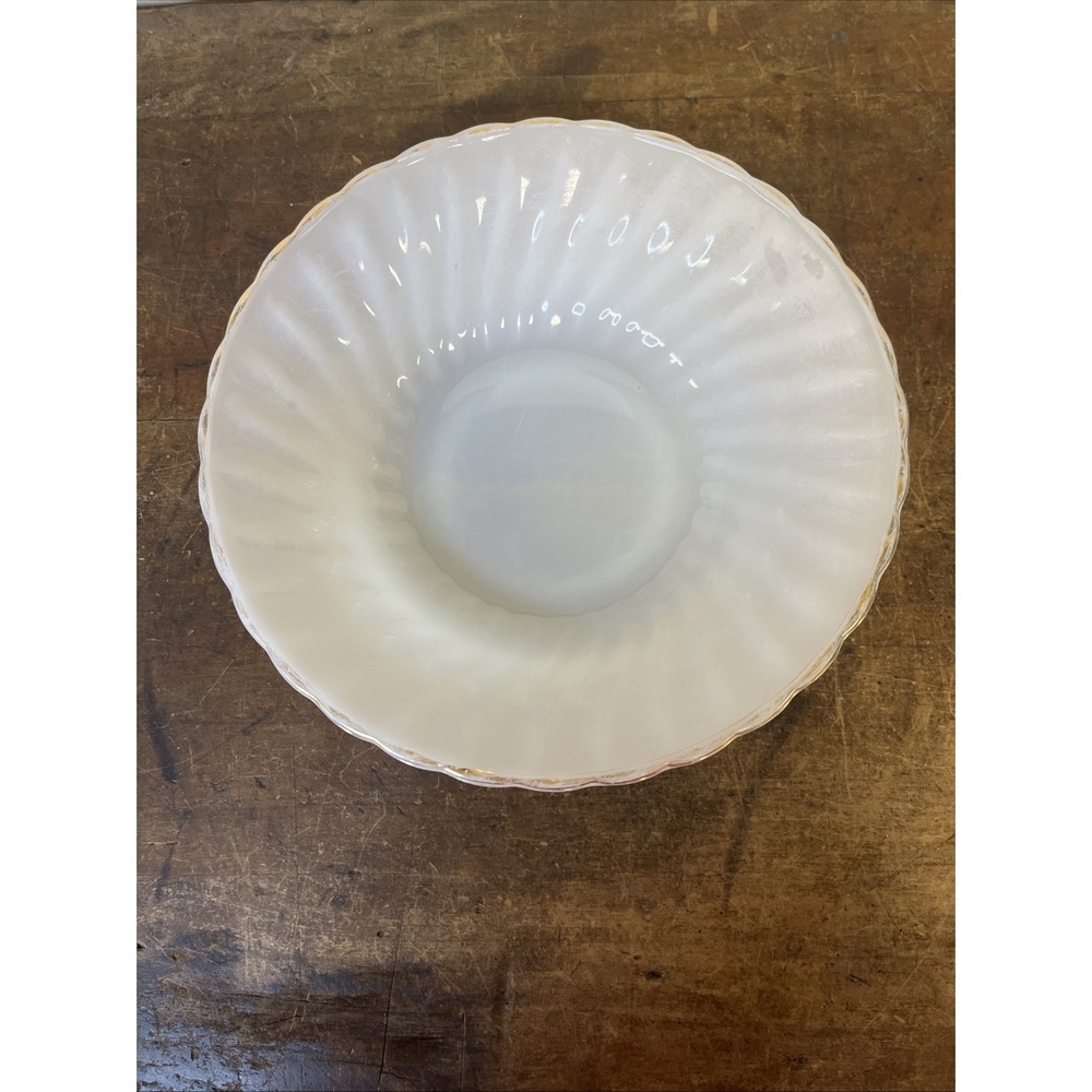 Fire Long Milk Glass Gold Trim Swirl 8 1/2" Serving Bowl Scalloped Border